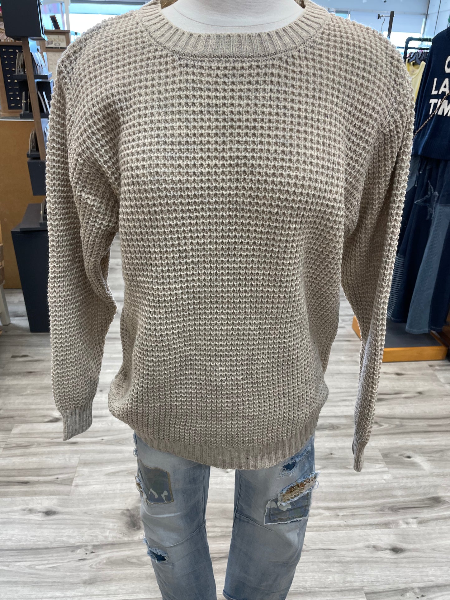 Zenana Hi-Low Round Neck Waffle Sweater