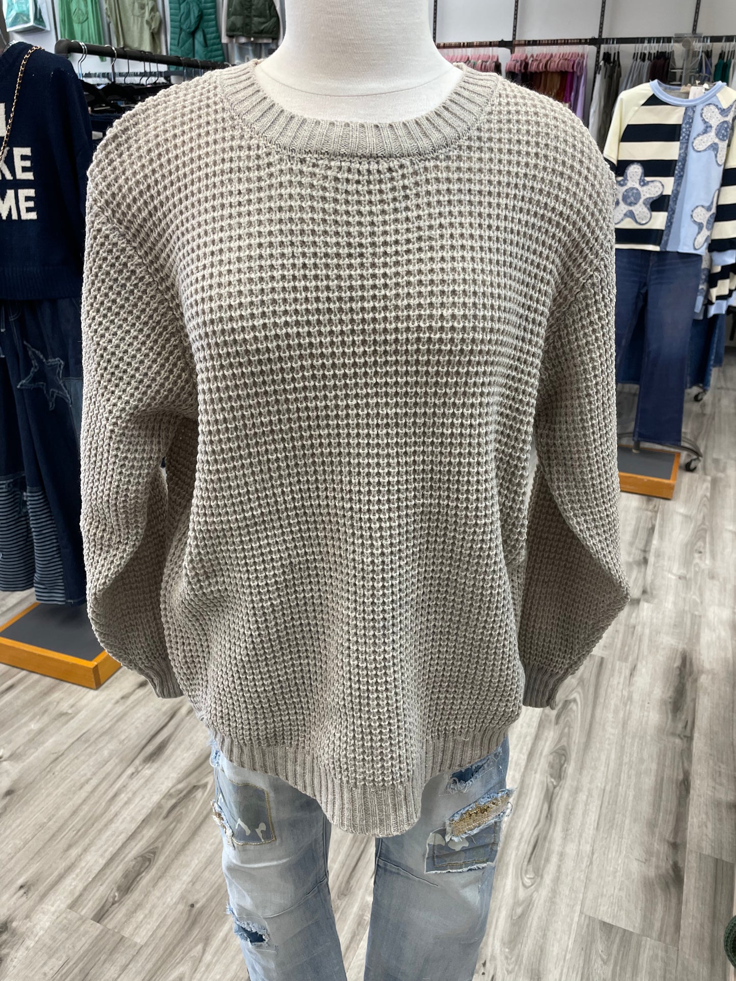 Zenana Hi-Low Round Neck Waffle Sweater