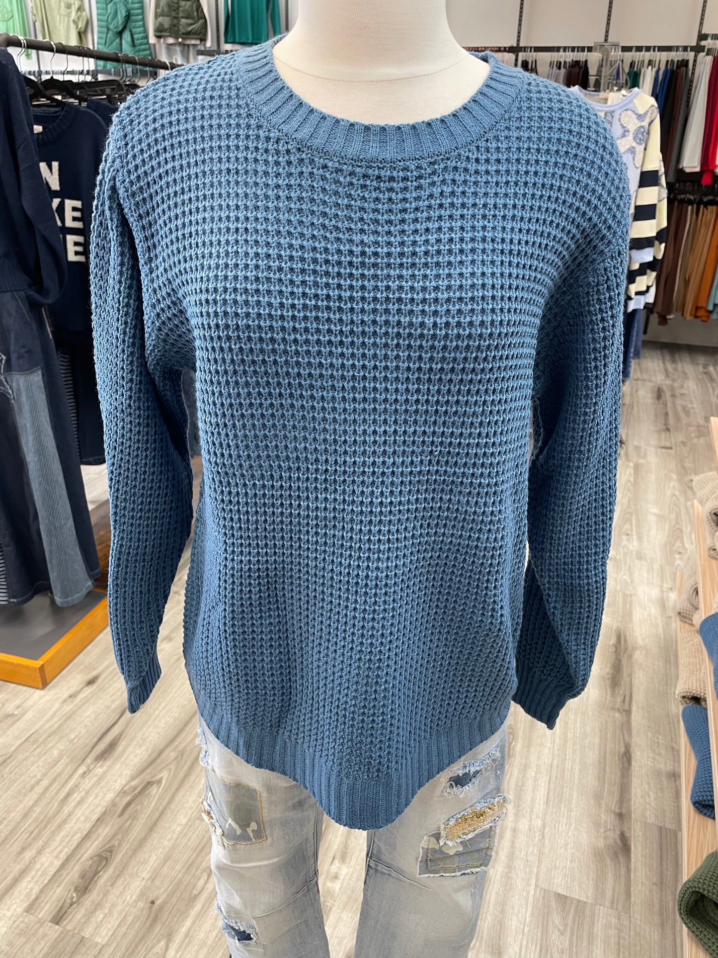 Zenana Hi-Low Round Neck Waffle Sweater