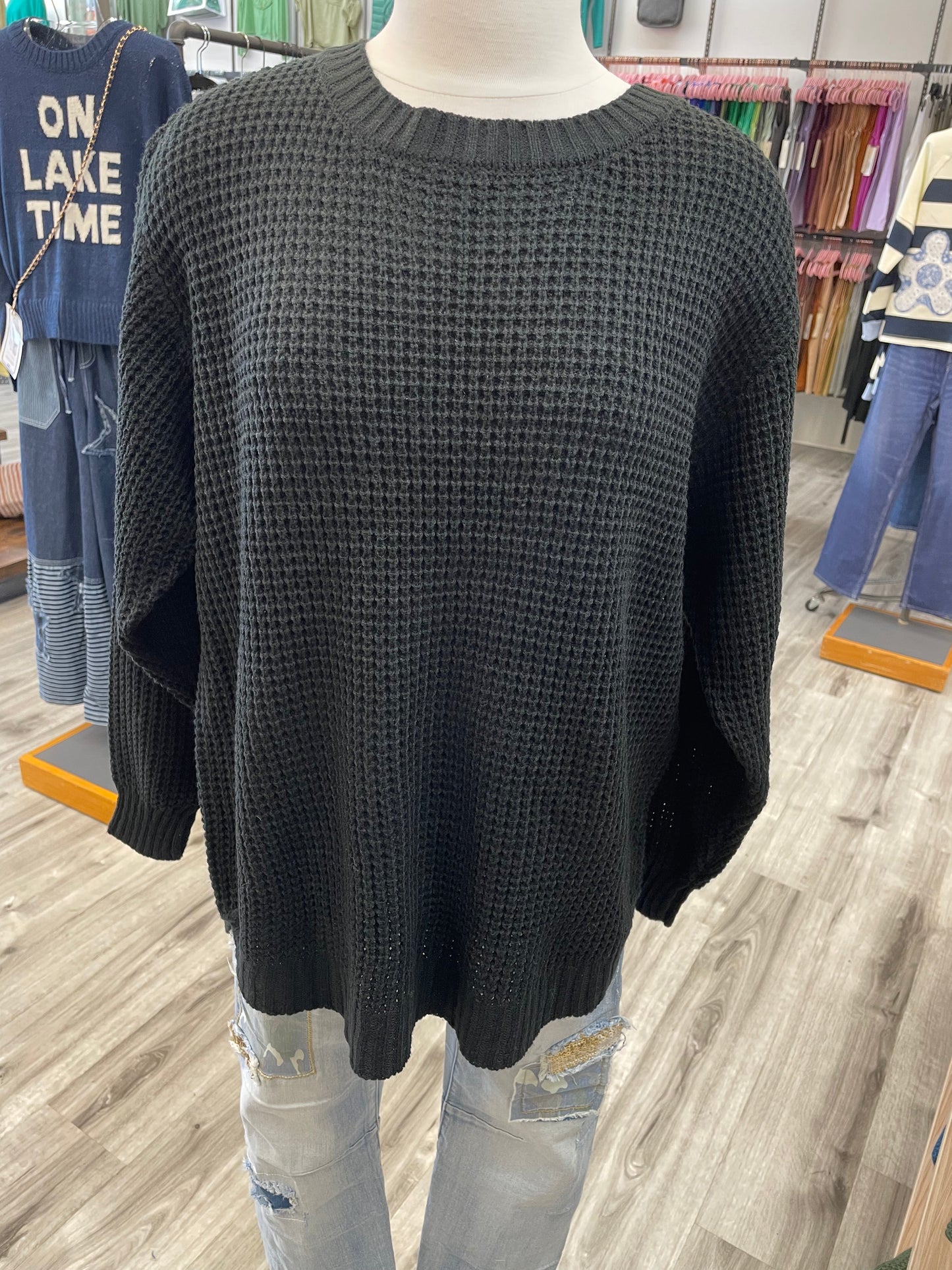 Zenana Hi-Low Round Neck Waffle Sweater