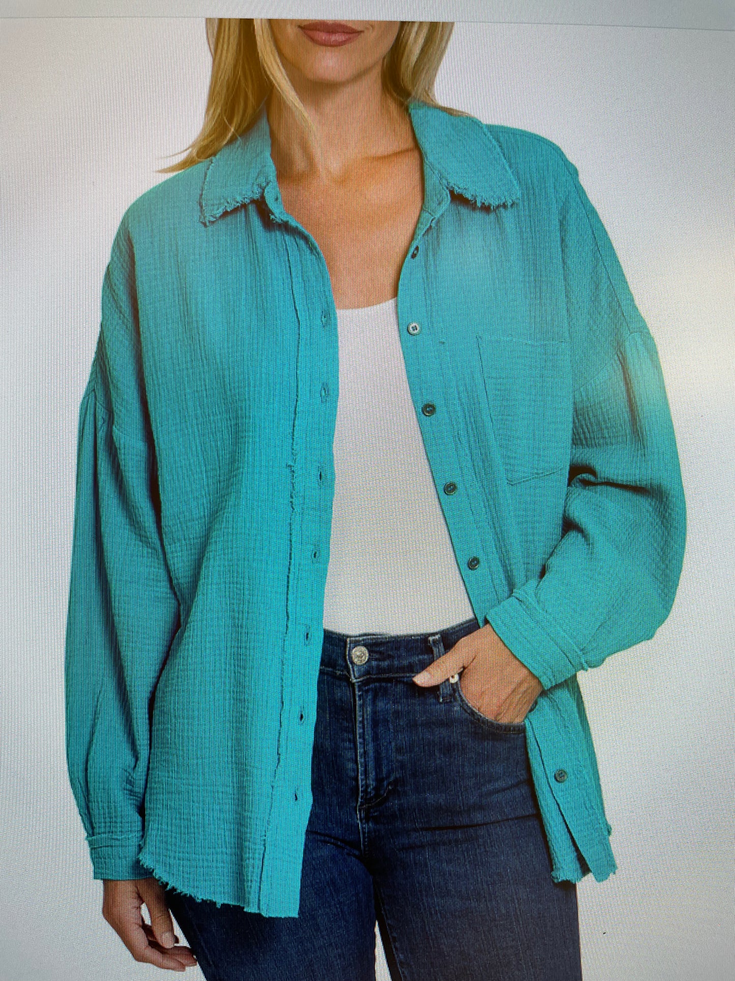 Zenana Double Gauze Oversized Raw Edge Shirt