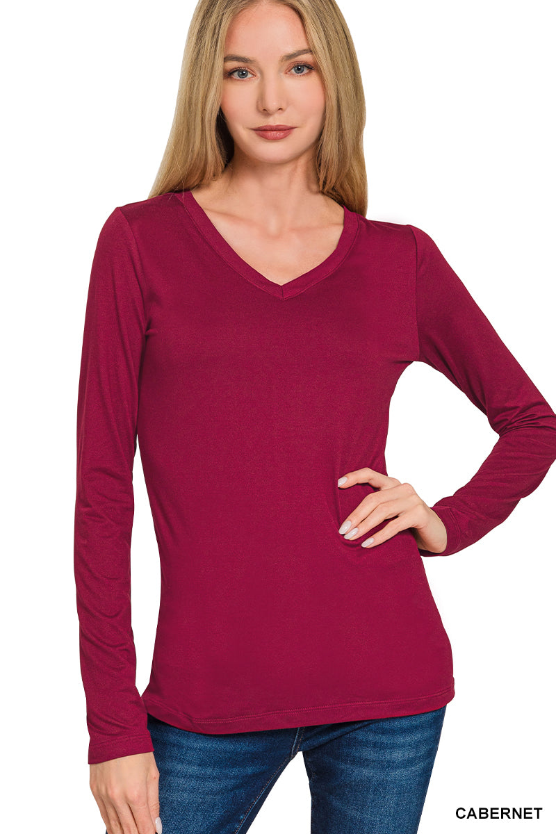 Zenana Brushed Microfiber Long Sleeve V-Neck Tee