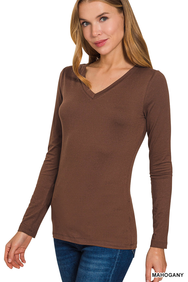 Zenana Brushed Microfiber Long Sleeve V-Neck Tee