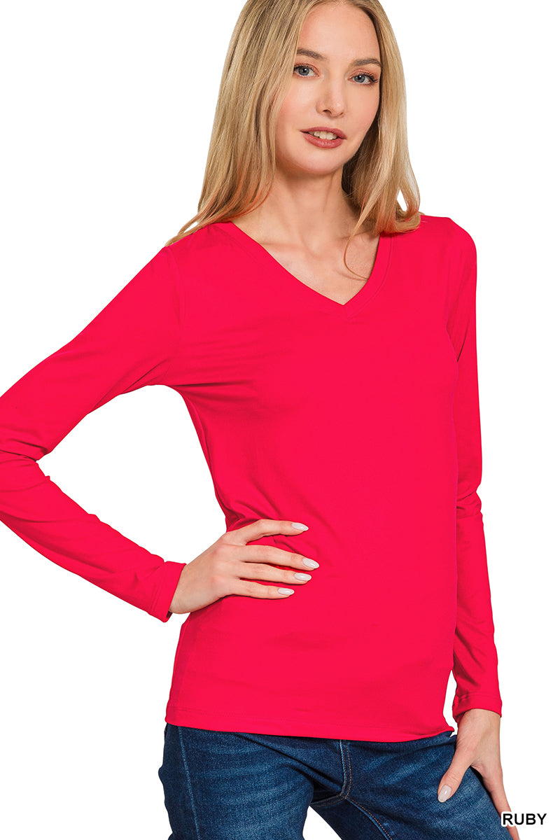 Zenana Brushed Microfiber Long Sleeve V-Neck Tee