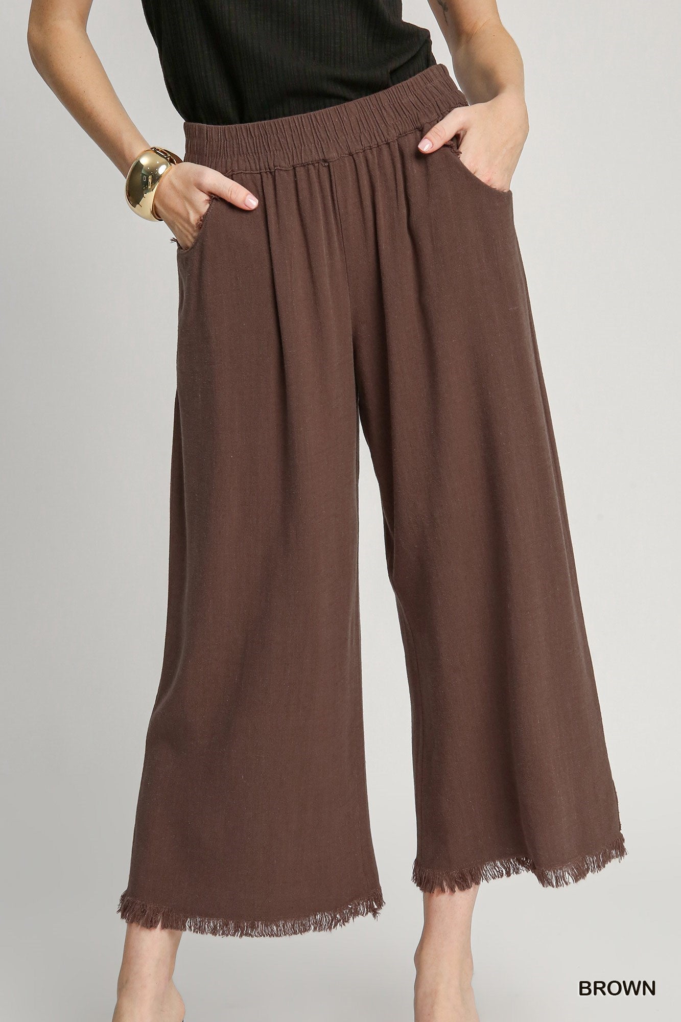 Umgee Wide Leg Pant With Frayed Hem