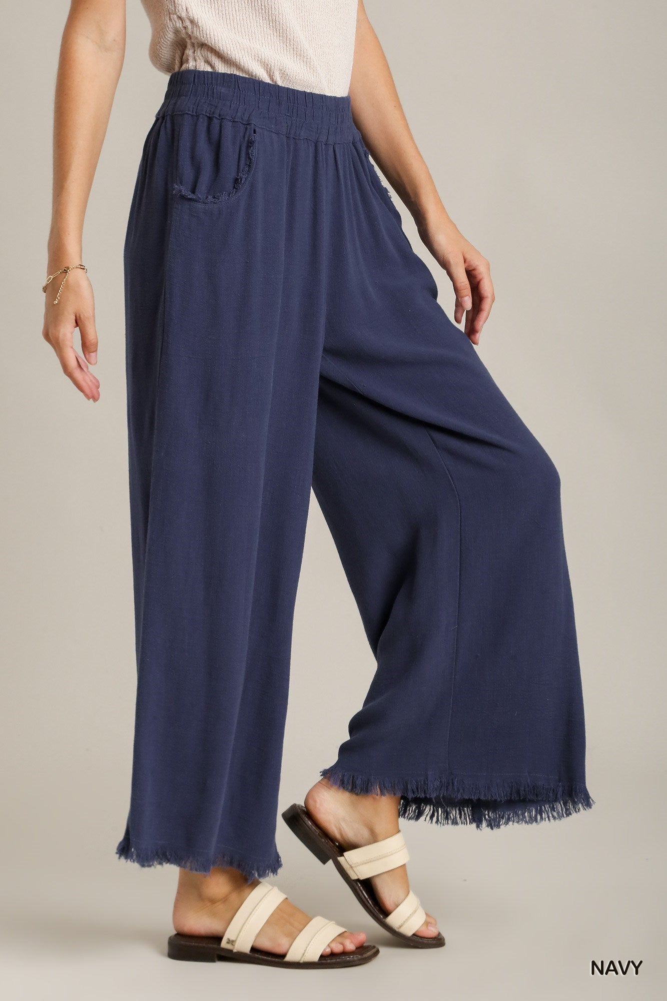 Umgee Wide Leg Pant With Frayed Hem