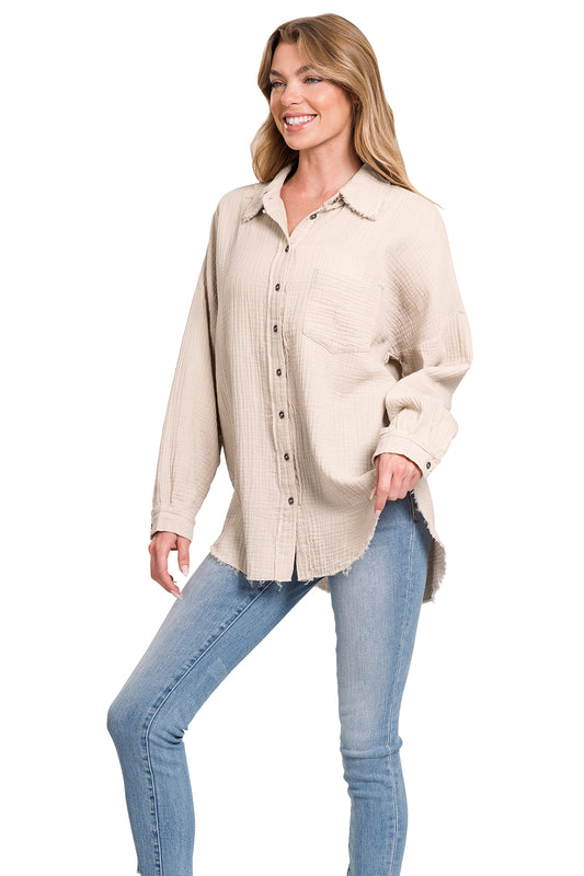 Zenana Double Gauze Oversized Raw Edge Shirt