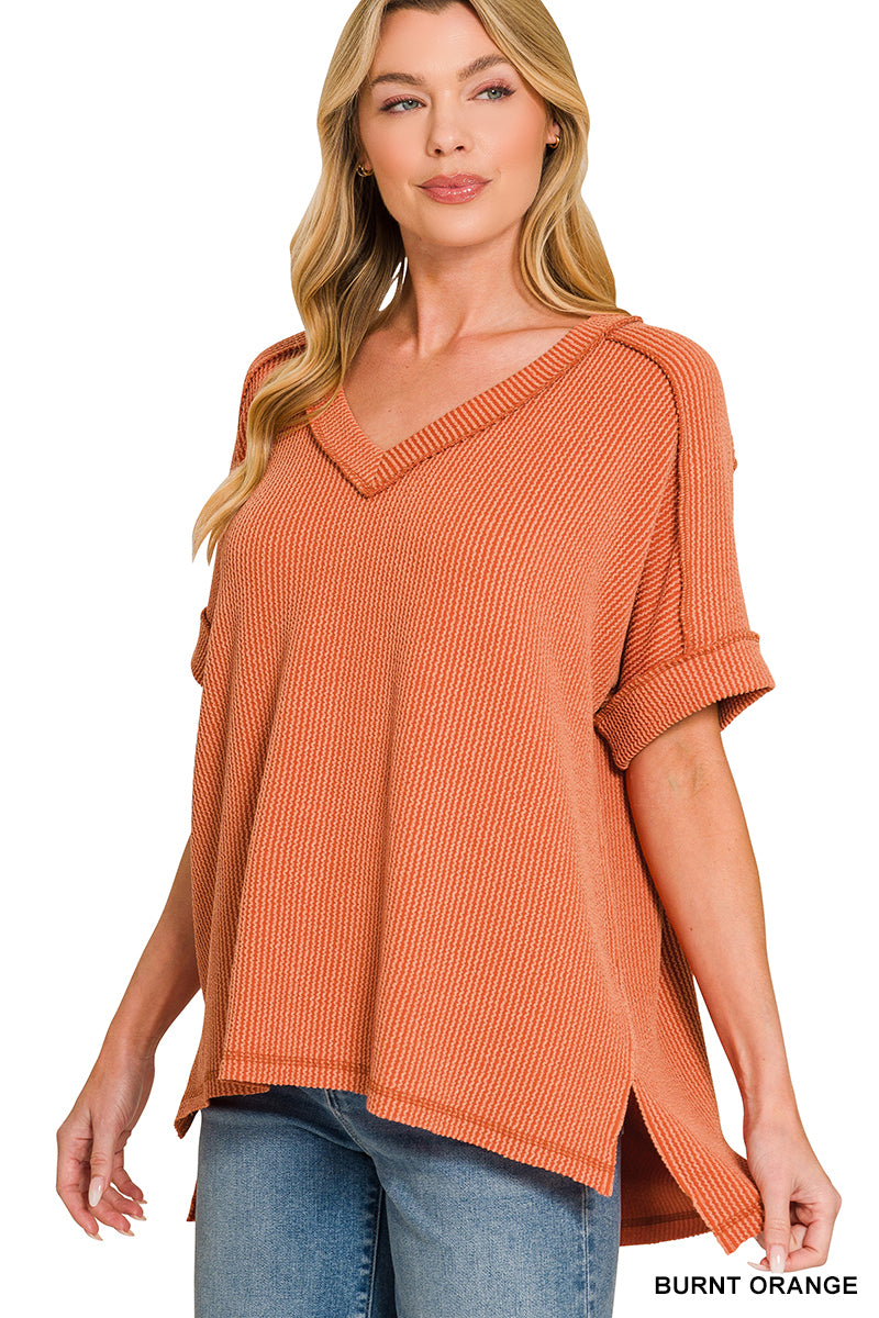 Zenana Raised Rib Short Sleeve Hi-Low V-Neck