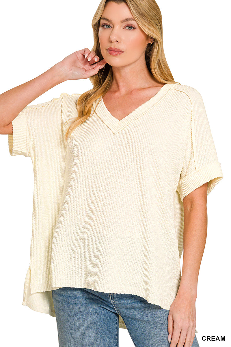 Zenana Raised Rib Short Sleeve Hi-Low V-Neck
