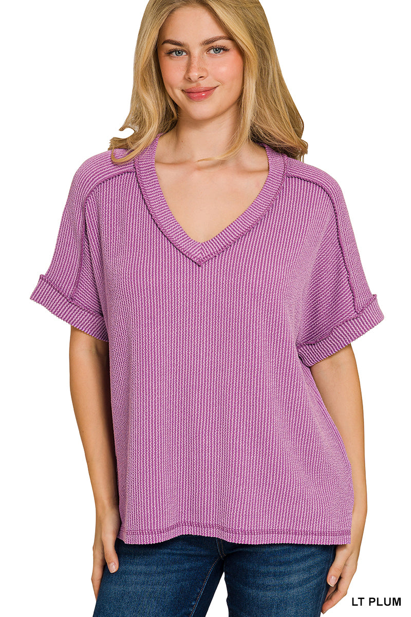 Zenana Raised Rib Short Sleeve Hi-Low V-Neck