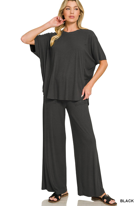 Zenana Ribbed Rayon Relaxed Fit Top & Pant Set