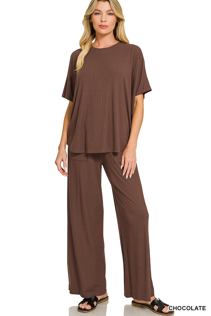 Zenana Ribbed Rayon Relaxed Fit Top & Pant Set