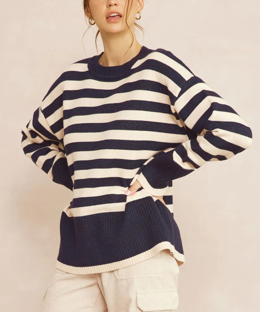 Entro Striped Oversized Crew Neck Sweater