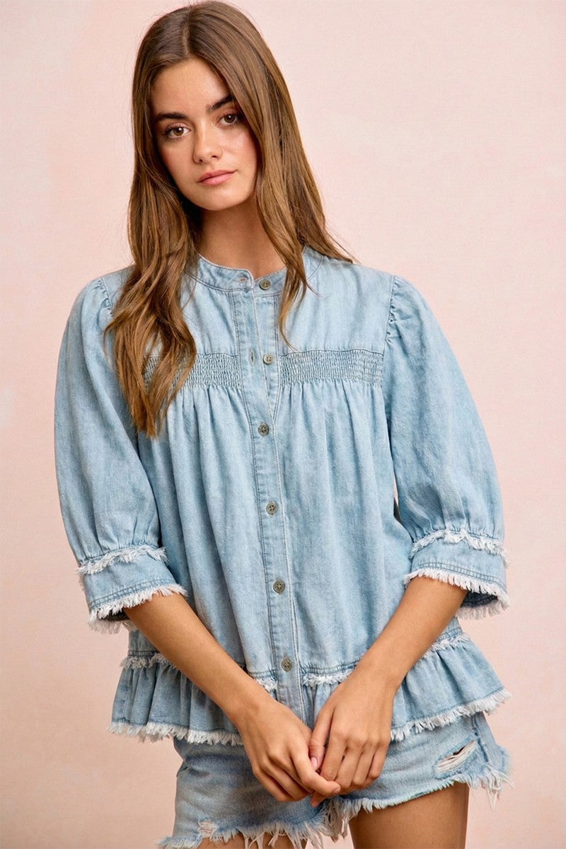 Bibi Light Denim Smocked Ruffled Hem Top