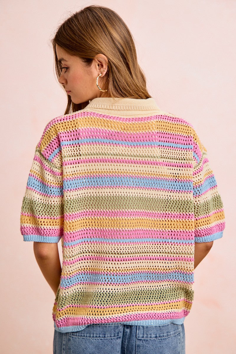 Bibi Multi Color Stripes Buttoned Knit Top