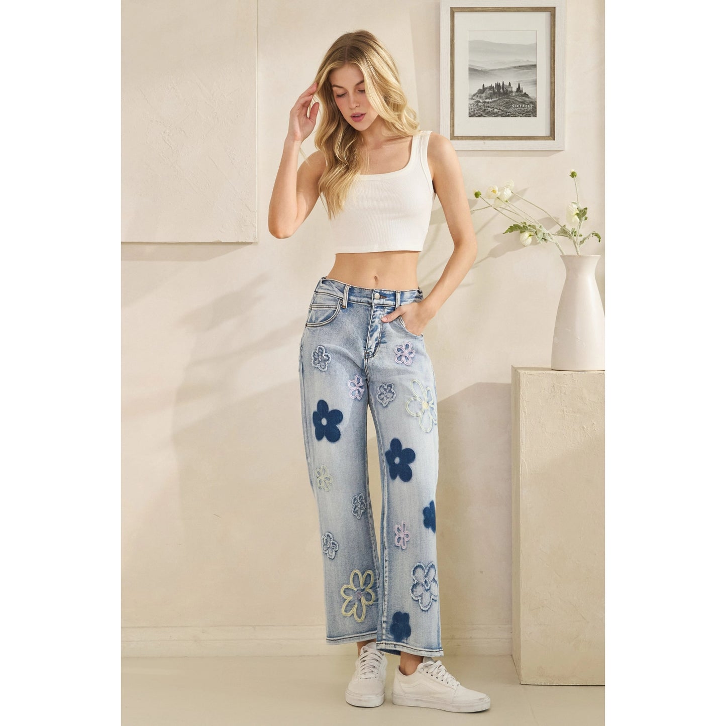 Oli & Hali Washed Stretch Floral Embroidery Denim Pants