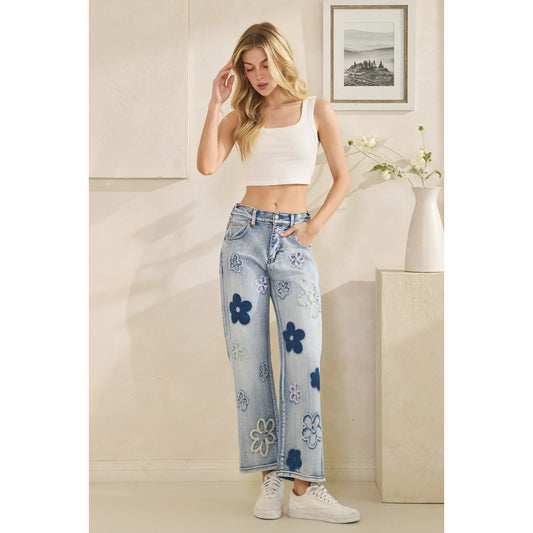 Oli & Hali Washed Stretch Floral Embroidery Denim Pants