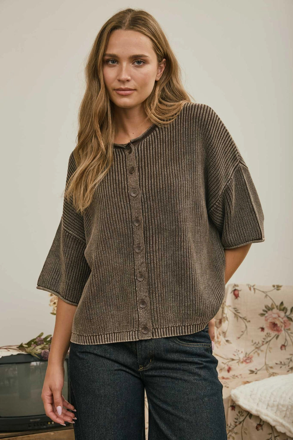 JOA Ribbed Short Sleeve Rolled Edge Cardigan