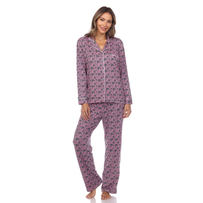 White Mark Long Sleeve Heart Print Pajama Set