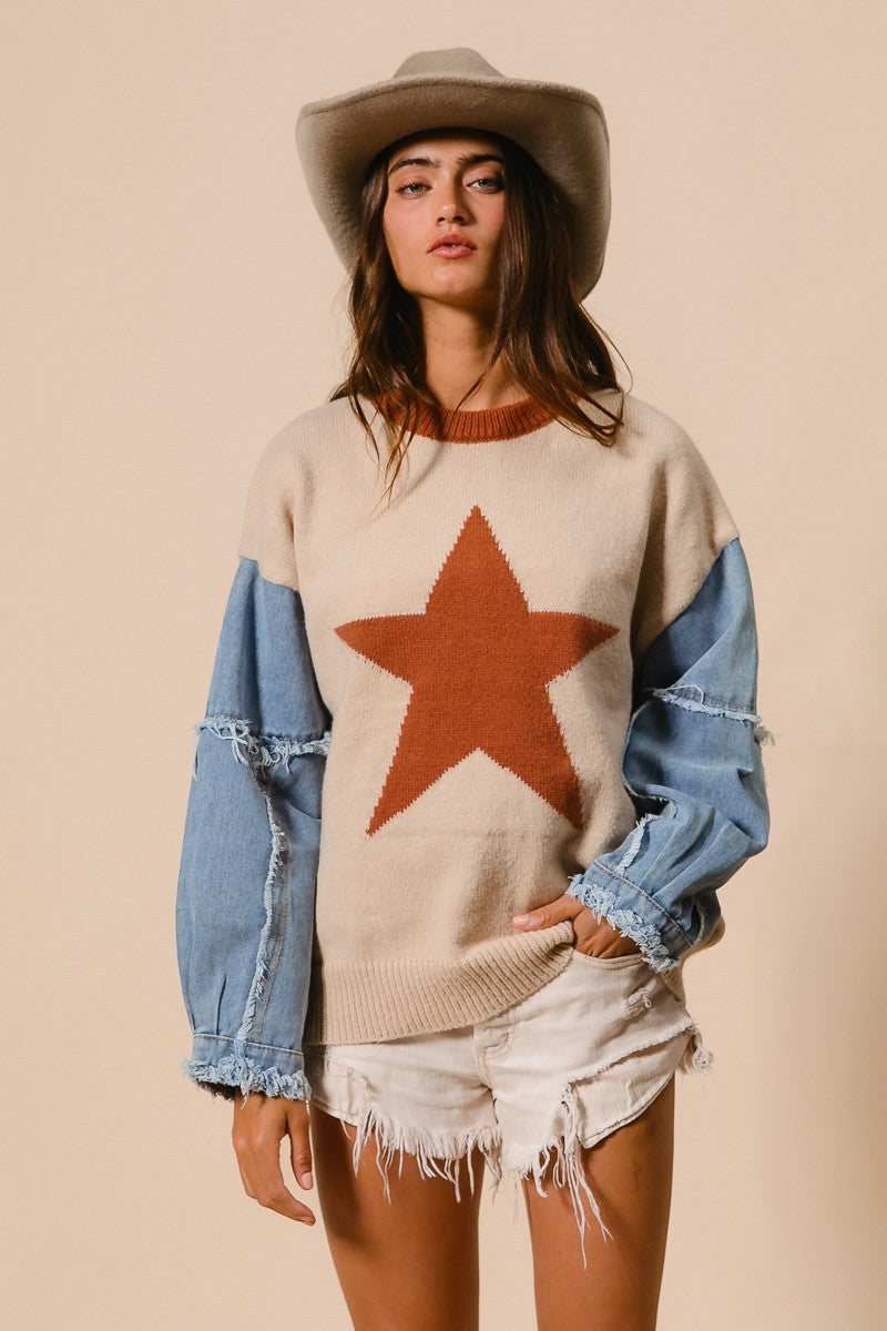 Bibi Star Printed Sweater Top With Denim Sleeves