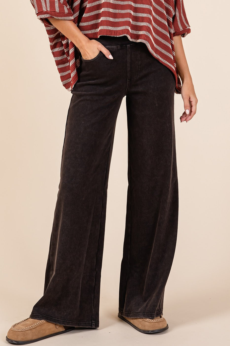 Mittoshop Washed Denim Elastic Waistband Wide Leg Pants