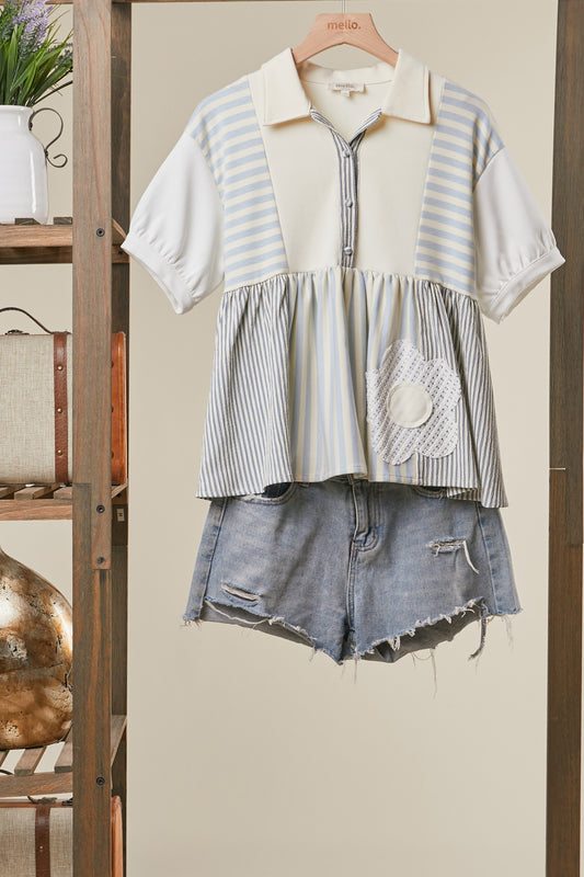 Mello Striped Shirt W/Lace Flower Detail