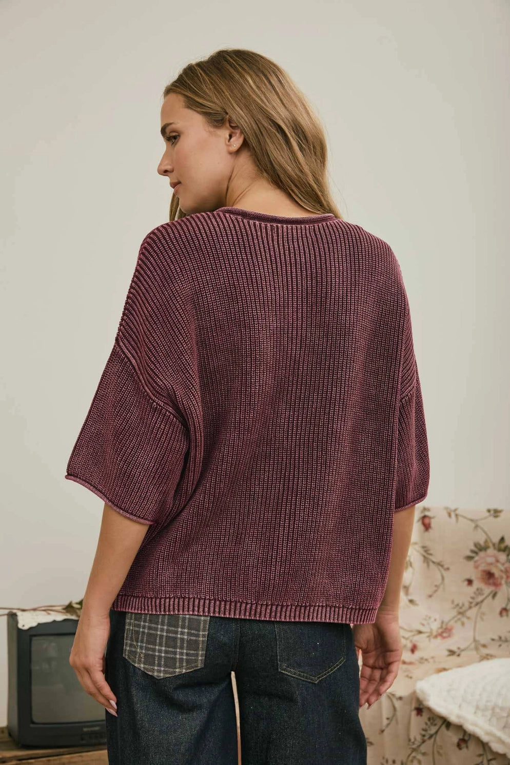JOA Ribbed Short Sleeve Rolled Edge Cardigan