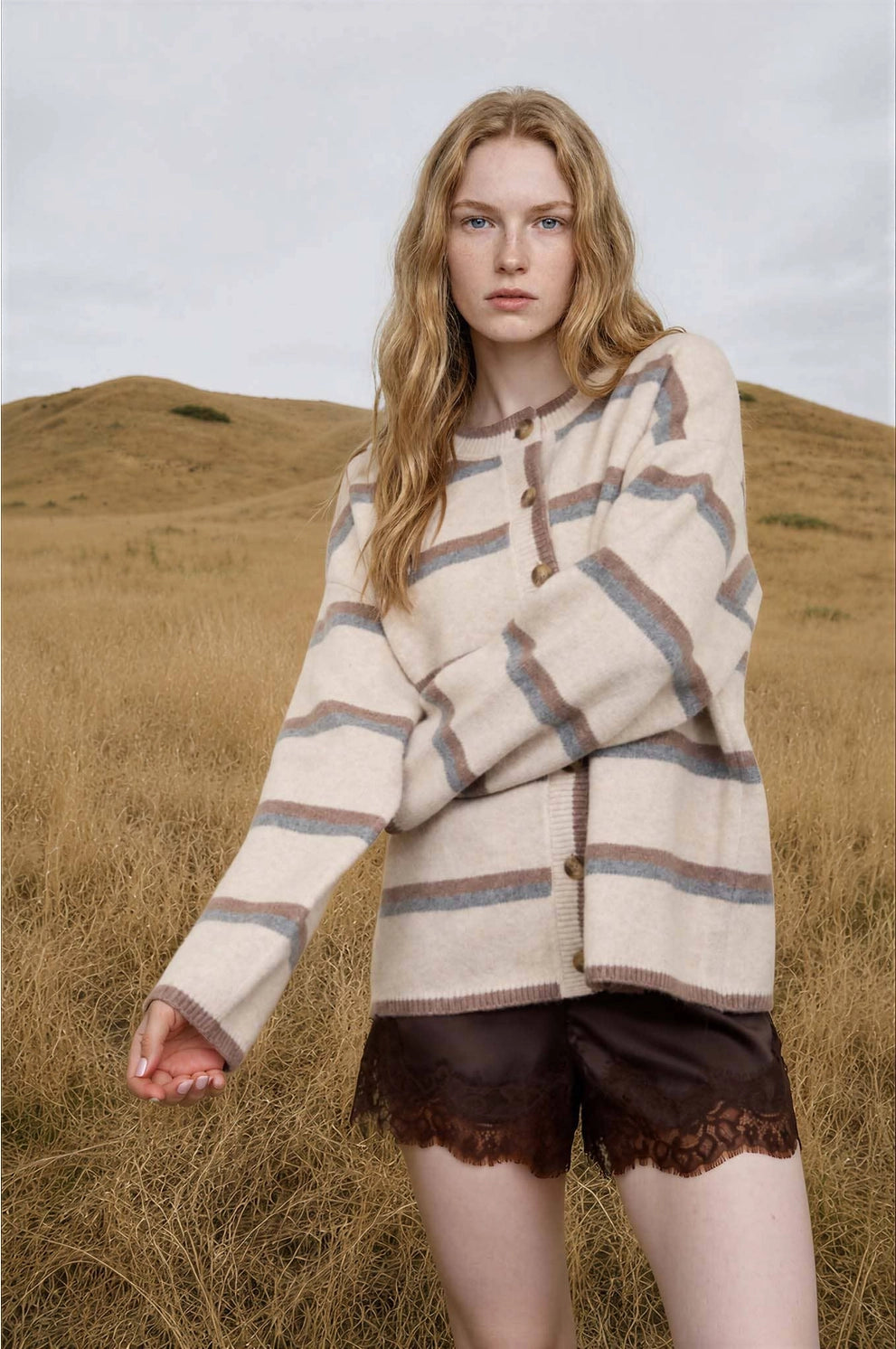 JOA Heathered Stripe Button Knit Cardigan