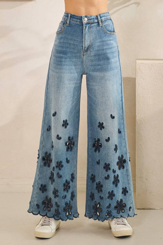 Oli & Hali Washed Flower Cutouts Denim Pants