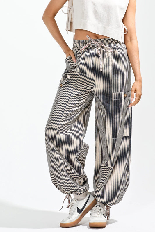 Noaboa Elastic Waist Vintage Washed Stripe Pants