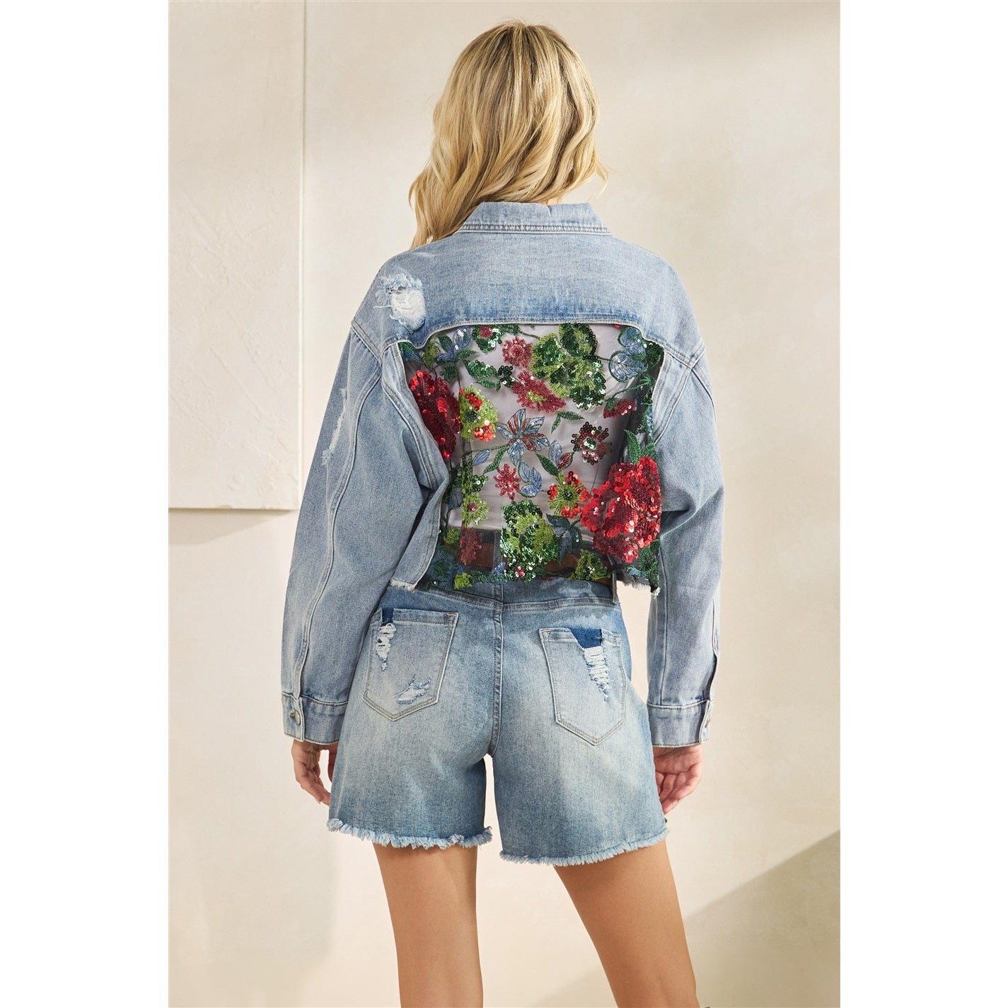 Veveret Denim jacket with Lace Floral Contrast