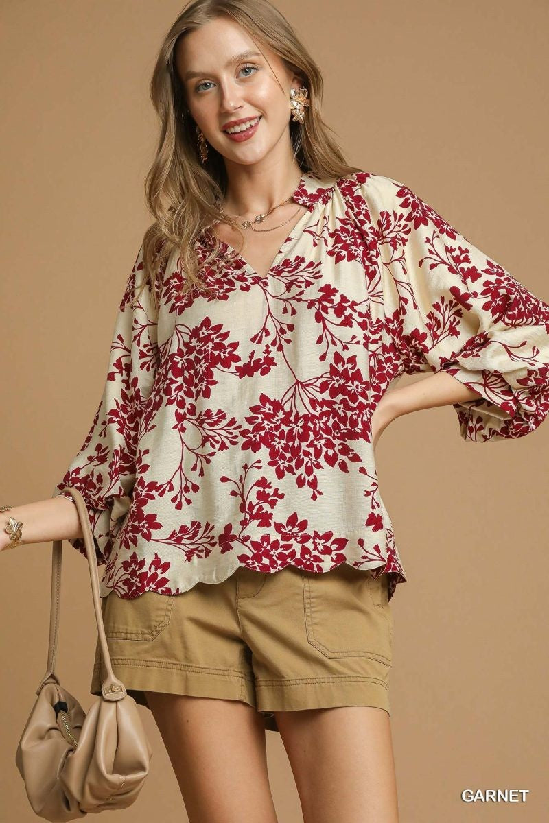 Umgee Cherry Blossom Print Scalloped Hem Blouse
