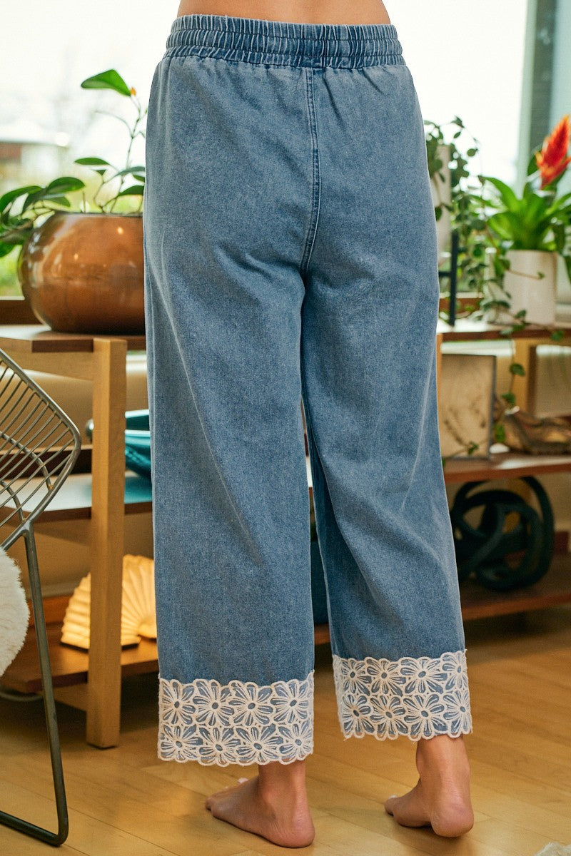 Bibi  Denim Drawstring Pants W/Flower Lace Trim