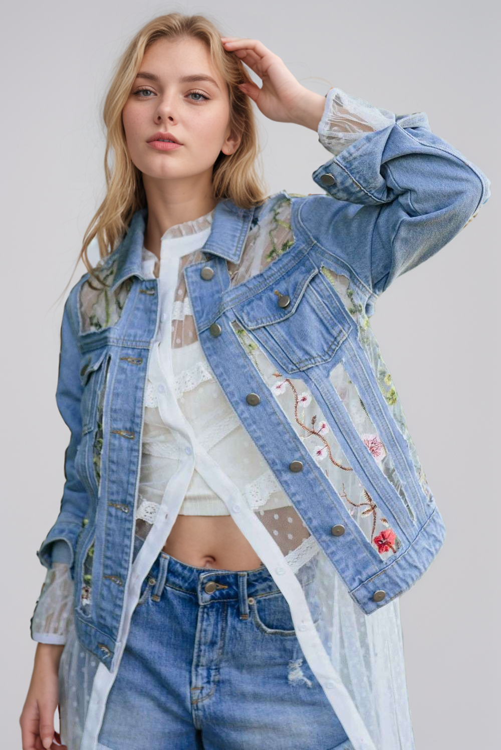 Davi & Dani Floral Embroidery Mesh Denim Jacket