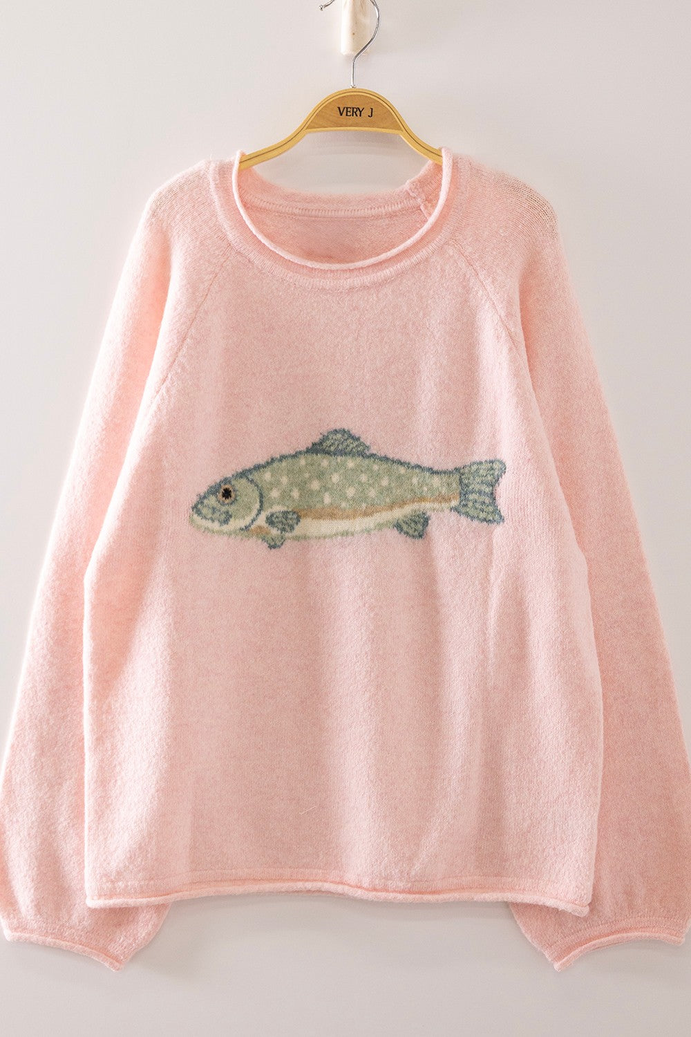 New In Fish Intarsia Graphic Detail Fuzzy Sweater
