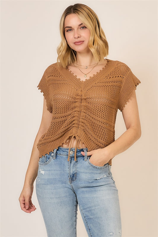 Cozy Co. Open Knit Ruched Center V Neck Top