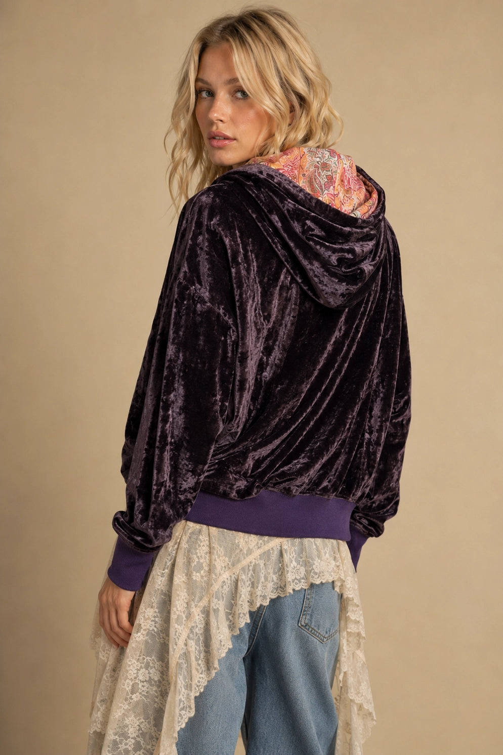 JNNA Luxe Crushed Velvet Ruched Zip Hoodie