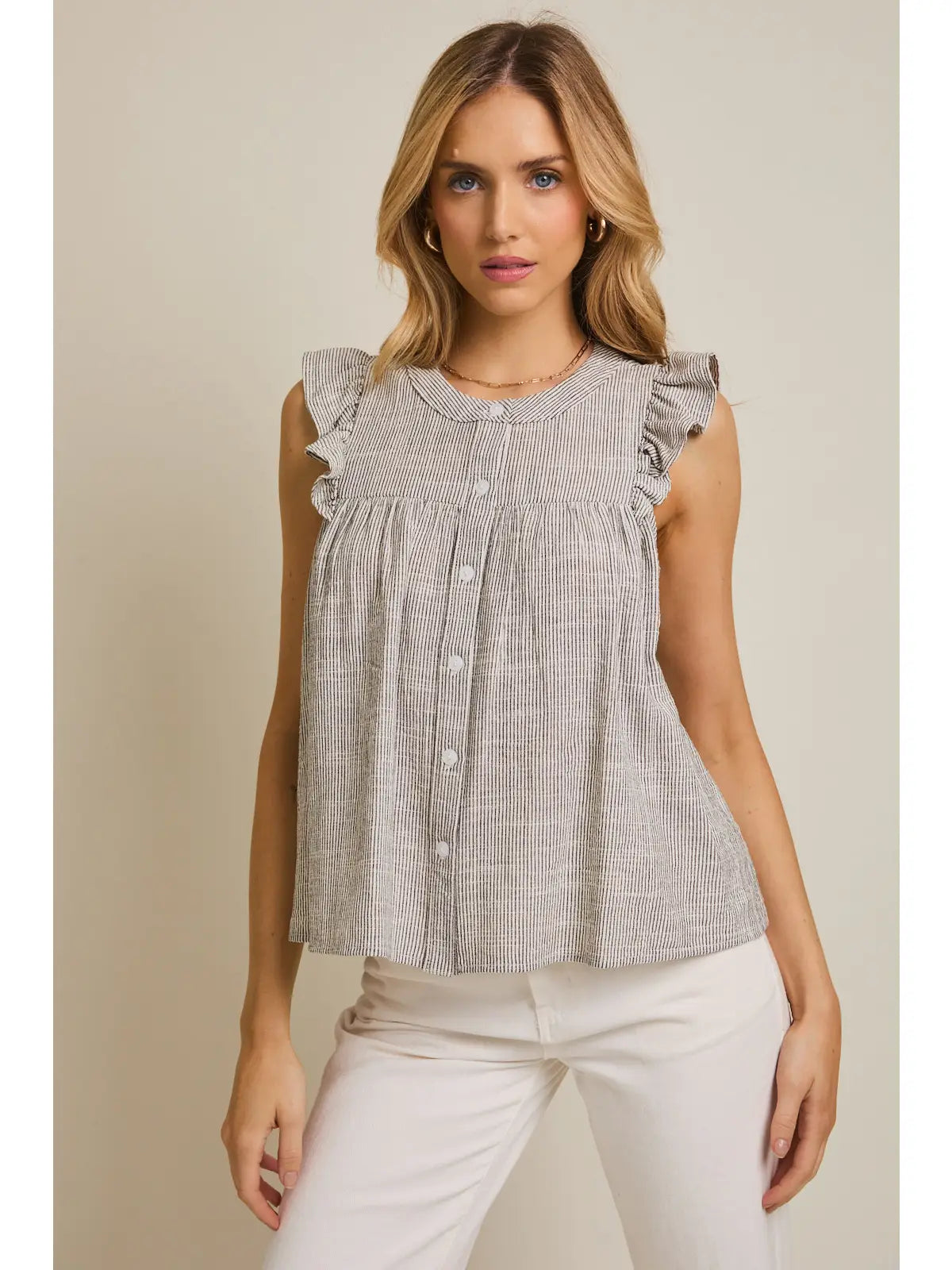 Gilli Round Neck Button Up Ruffle Sleeve Top