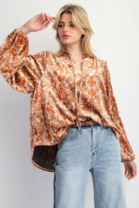 Easel Printed V-Neck Self Tie Velvet Top