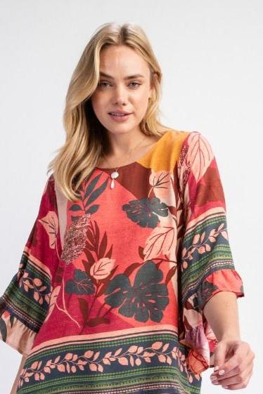 Easel Border Printed Rayon Challis Woven Top