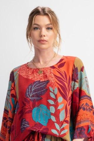 Easel Border Printed Rayon Challis Woven Top