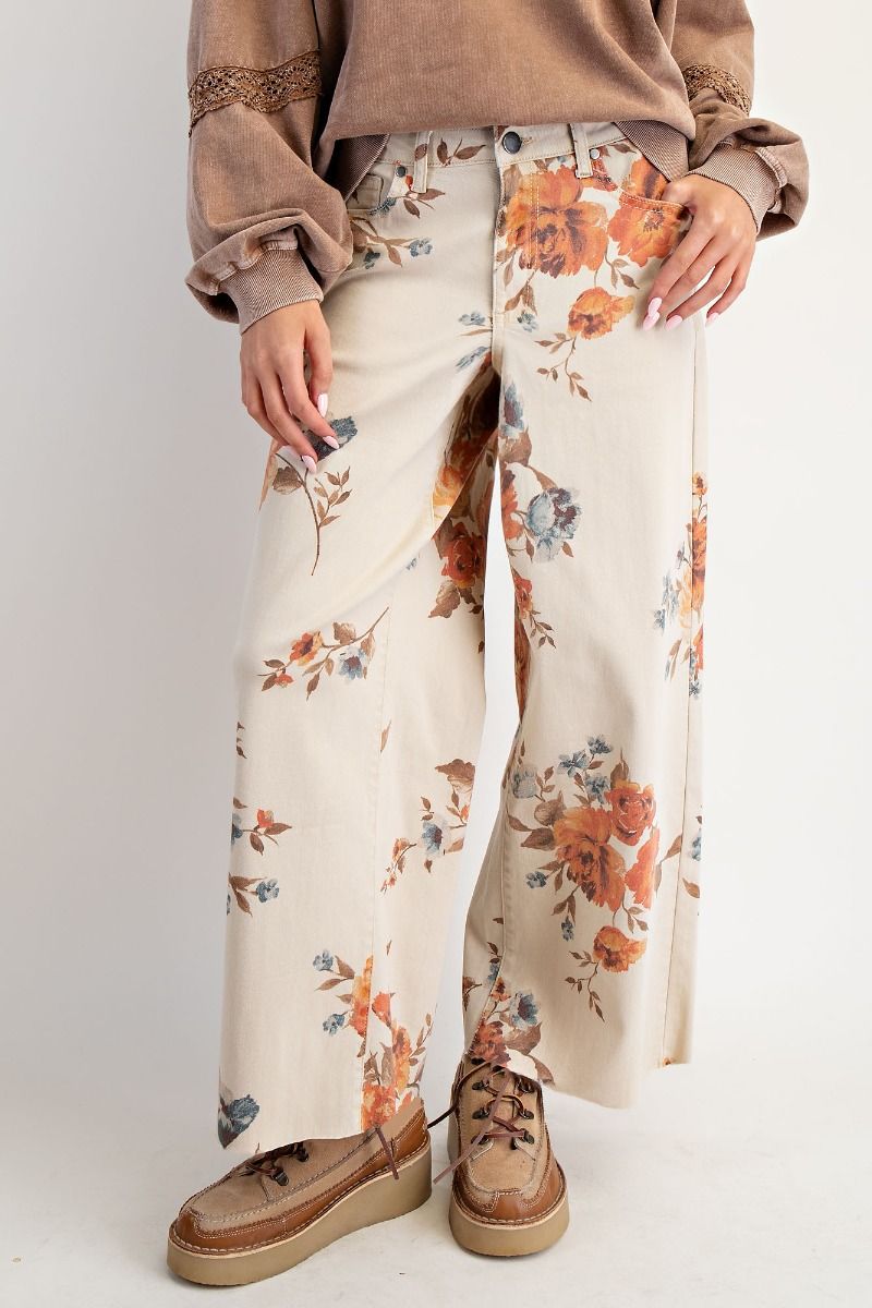 Easel Flower Print Stretch Twill Wide Leg Pants