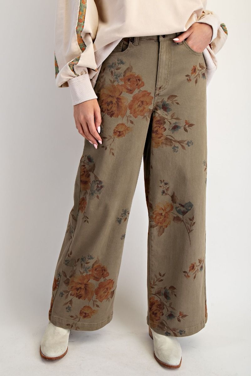 Easel Flower Print Stretch Twill Wide Leg Pants