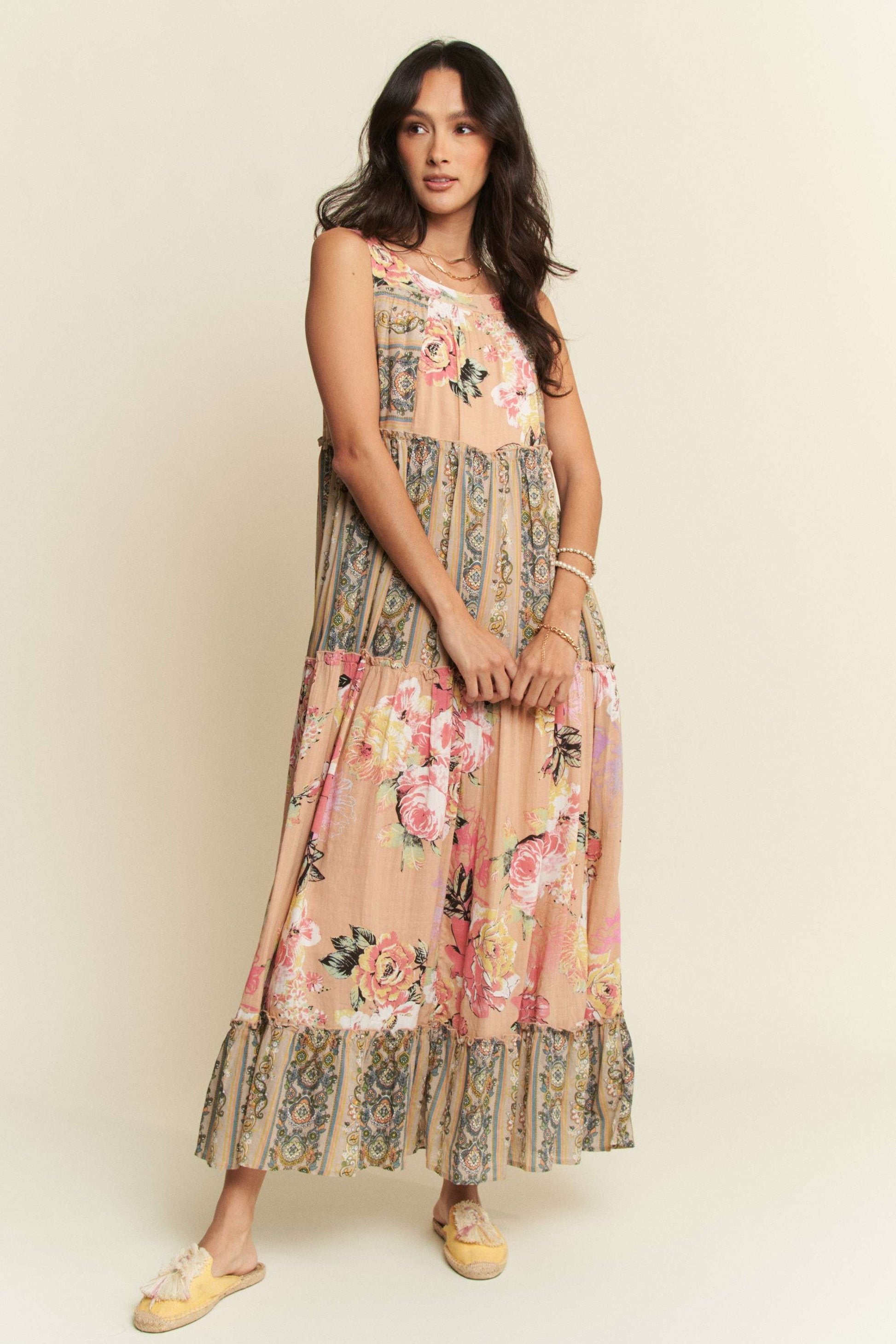 Davi & Dani Floral Boho Stripe Mixed Long Dress  The Clothing Loft Boutique