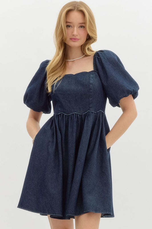 Entro Denim Bubble Sleeve Babydoll Dress