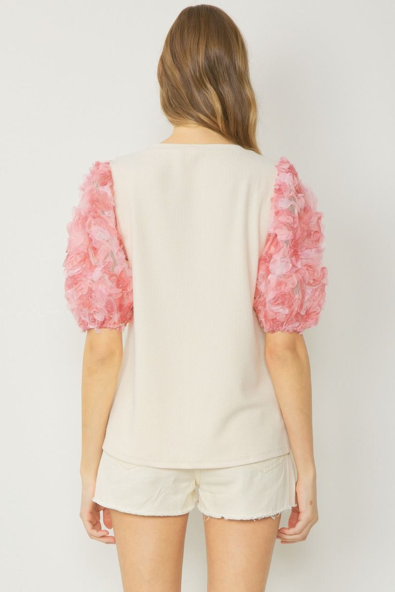 Entro Ribbed 3D Floral Sleeved Top