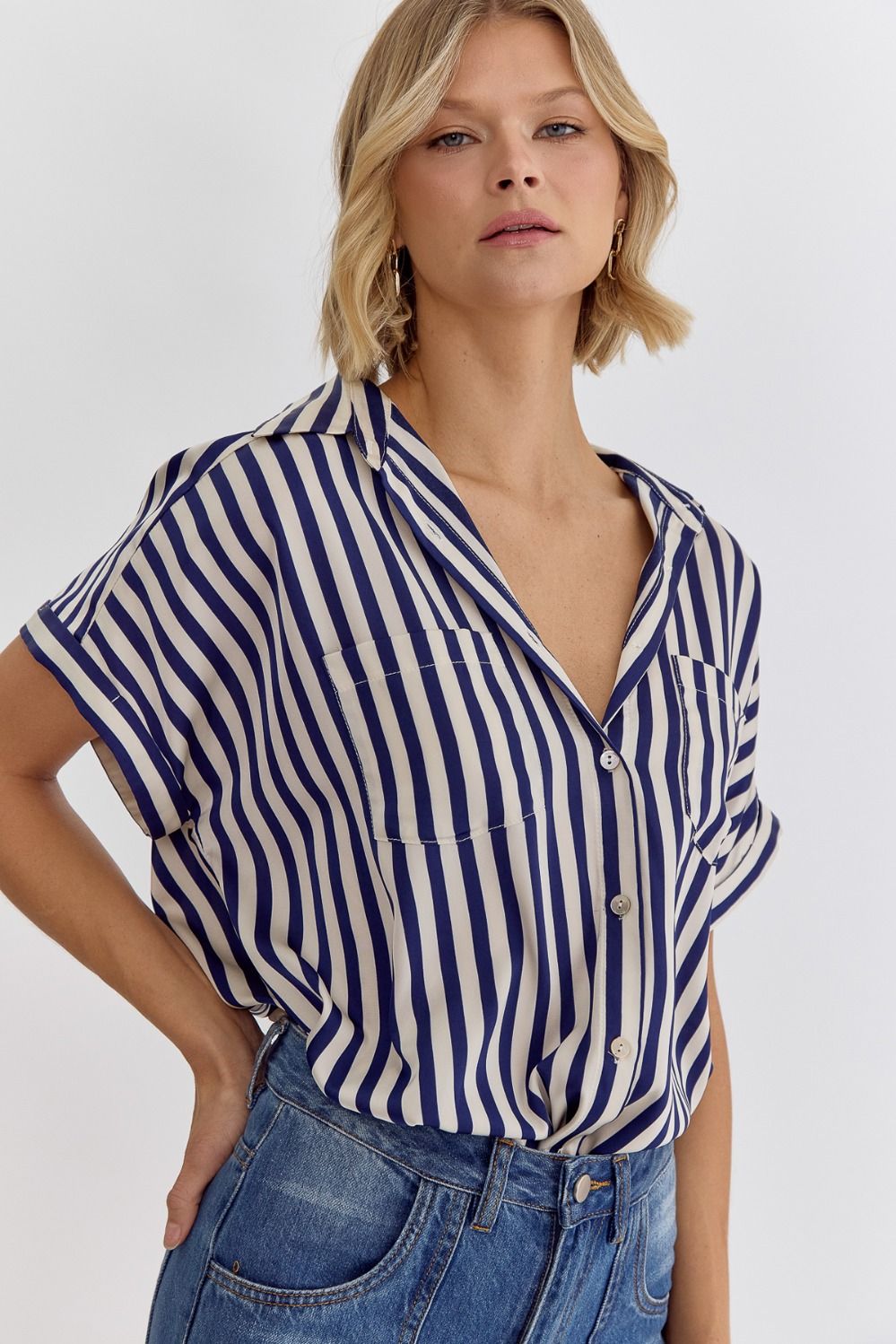 Entro Striped Collared Button Up Top