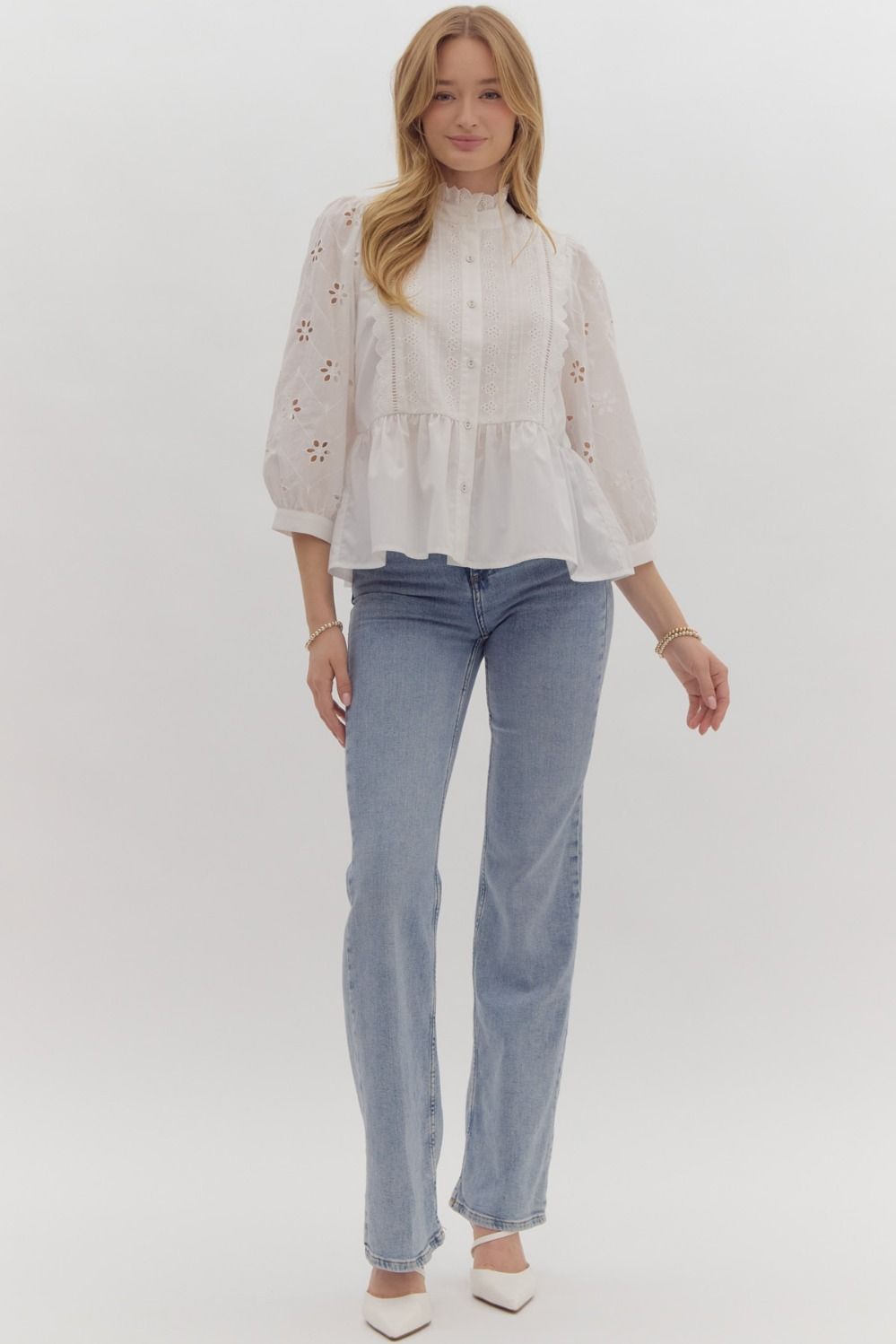 Entro Eyelet Lace 3/4 Sleeve Ruffled Top