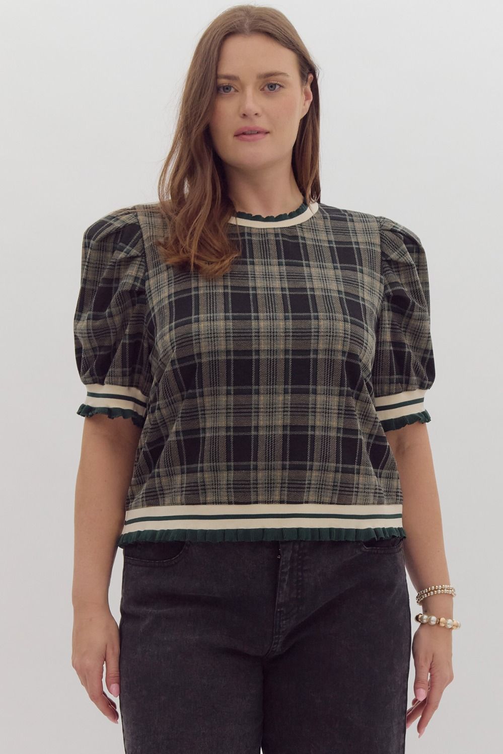 Entro Plaid Short Puff Sleeve Crewneck Pullover Top