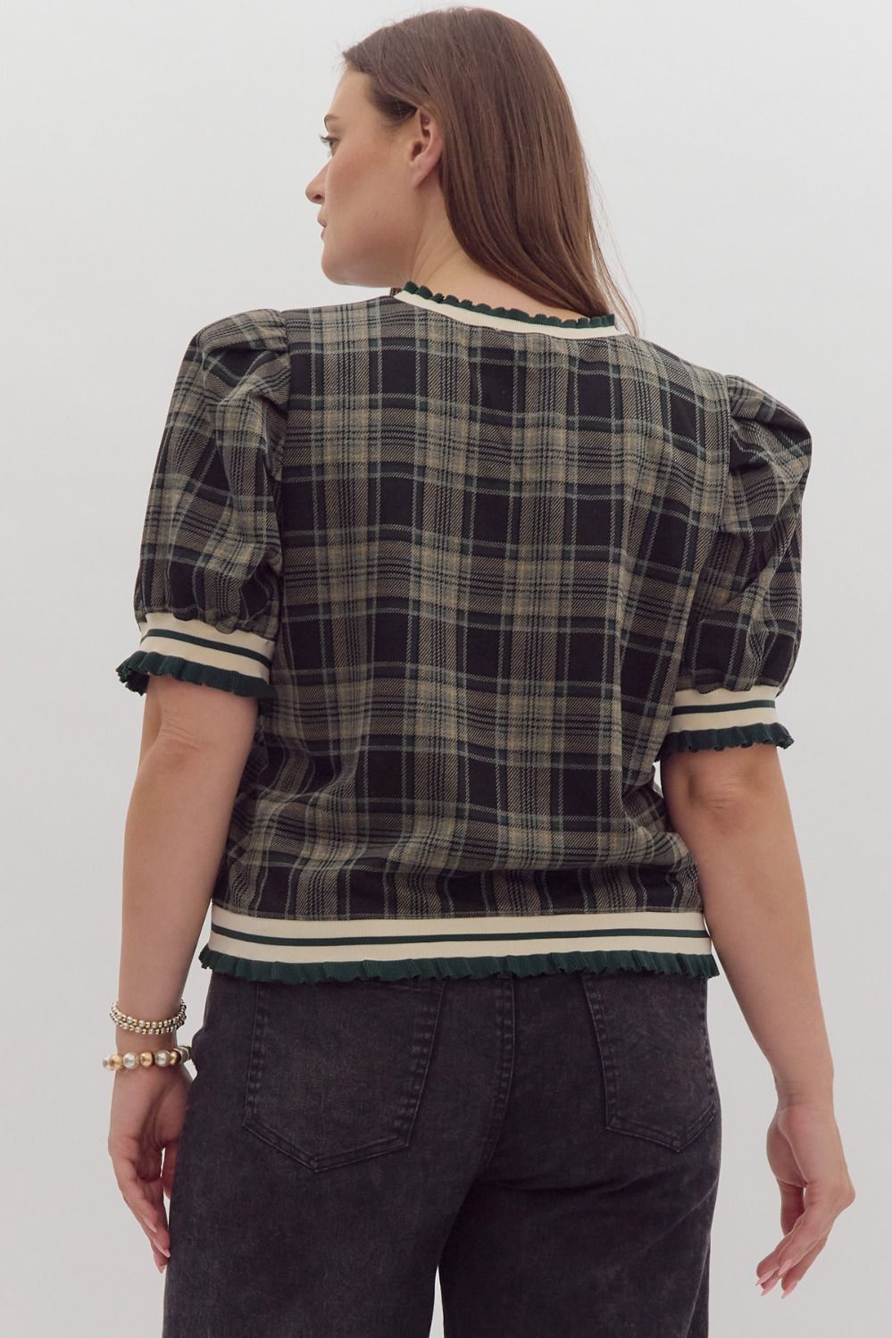 Entro Plaid Short Puff Sleeve Crewneck Pullover Top